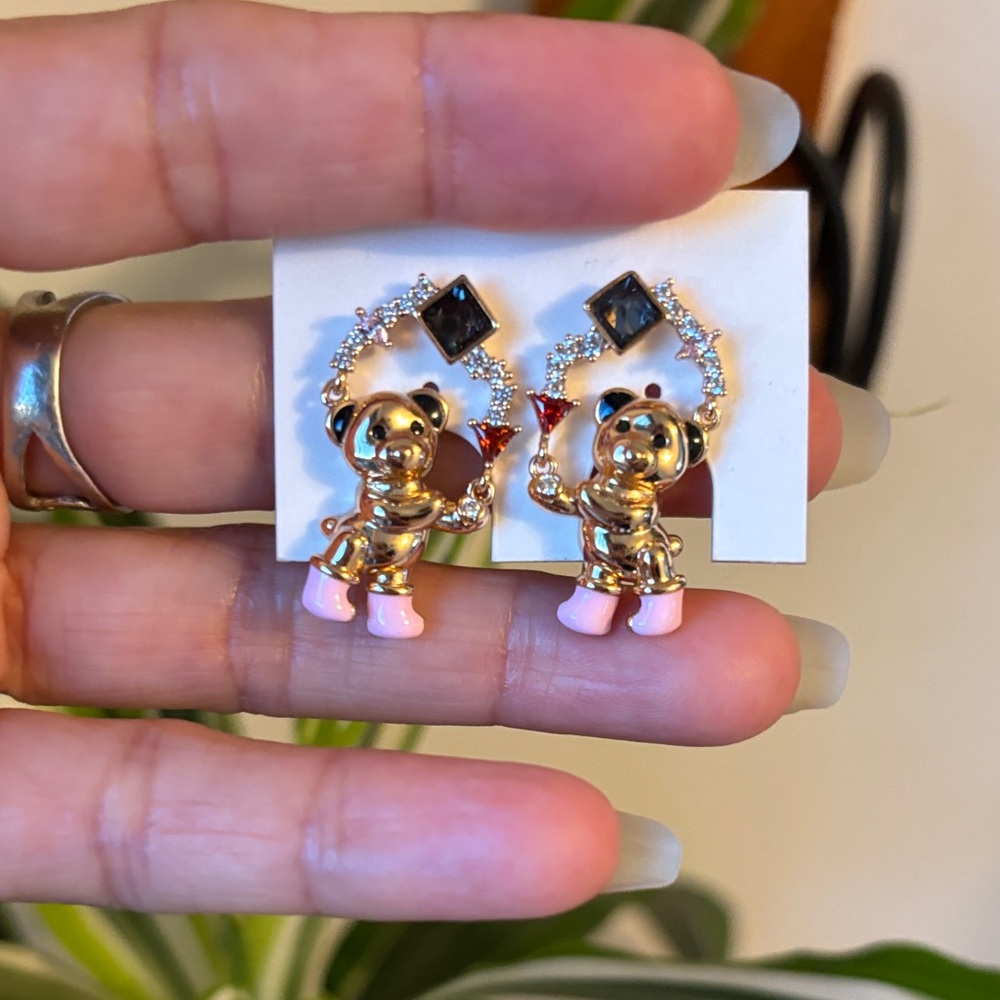 Gold and Pink Bear Earrings - Picture 2 of 4